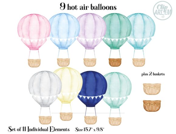 9 Hot Air Balloons Bundle Watercolor Illustrations