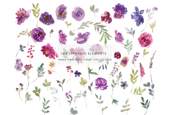 Purple and Magenta Watercolor Florals Illustrations for Real Crafting