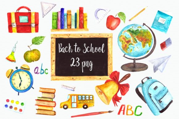 Watercolor Back to School Clip Art & Illustrations for Local Branding