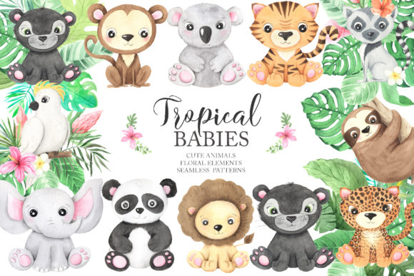 Watercolor Tropical Animals Clipart & Illustrations